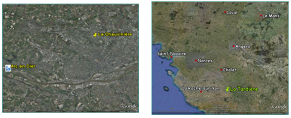 Localisation du site de la Chauvinière (dans l'agglomération nantaise) et de la Tardière en Vendée