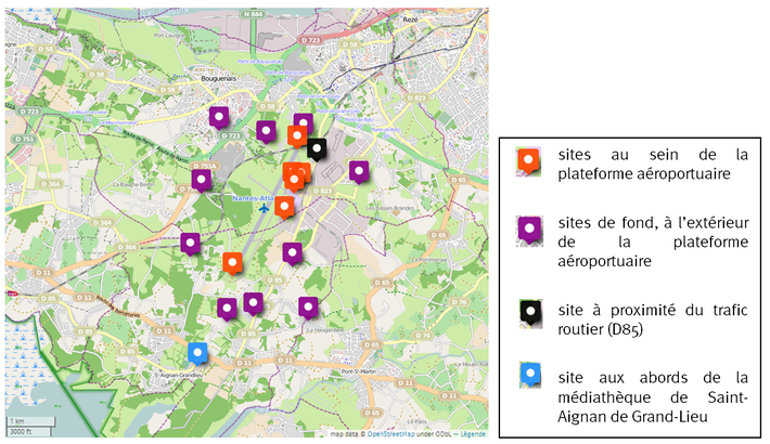 Localisation des sites équipés de tubes diffusifs pour mesurer le benzène pendant la campagne autour de Nantes-Atlantique 2015