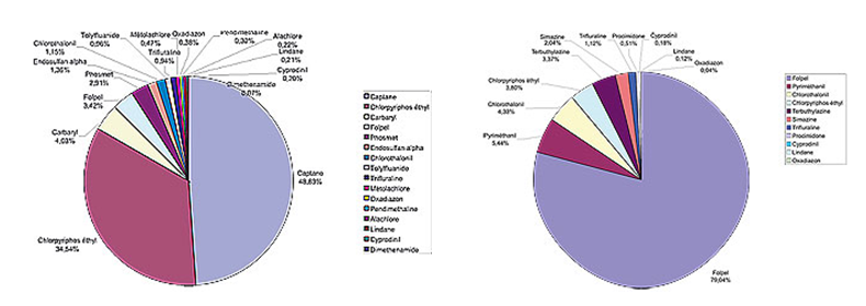 Contribution de chaque molécule à la concentration totale en pesticides en zone arboricole (la Plesse - Ecouflant) du 16 mai au 5 septembre 2007 et Contribution de chaque molécule à la concentration totale en pesticides en zone viticole (Moulin turquay - Martigné Briand) du 8 juin au 31 août 2006 