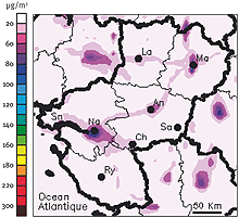 Carte Iris des niveaux maximaux de dioxyde d’azote le 8 juillet 2005 dans les Pays de la Loire