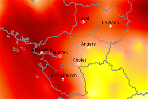 Cartographie de la pollution par l'ozone le 9 août dans les Pays de la Loire