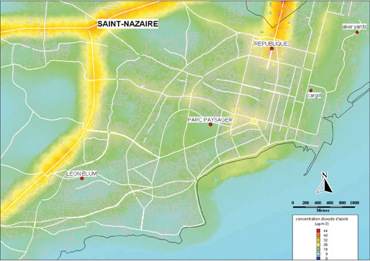 Carte de la moyenne annuelle 2008 pour le dioxyde d’azote sur le centre-ville de Saint-Nazaire