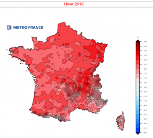 Carte de France Météo-France, l’hiver 2015-2016 a été le plus chaud depuis 1900 en France