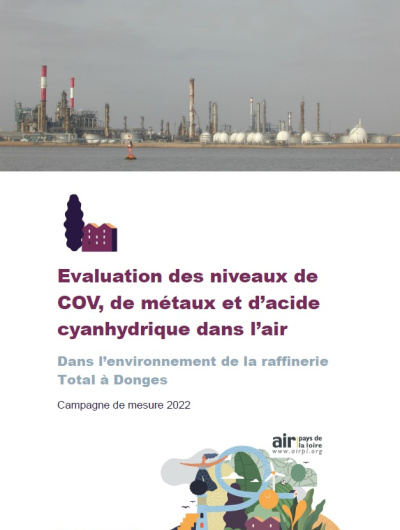 couverture du rapport d'évaluation des niveaux de COV, de métaux et d'acide cyanydrique dans l’air dans l’environnement de la raffinerie TotalEnergies à Donges, 2022
