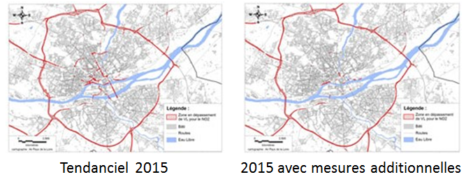 Zone en dépassement de la valeur limite du NO2 en moyenne annuelle à l’échelle de Nantes intra périphérique, selon le tendanciel 2015 à gauche et le scénario « 2015 avec mesures additionnelles » à droite