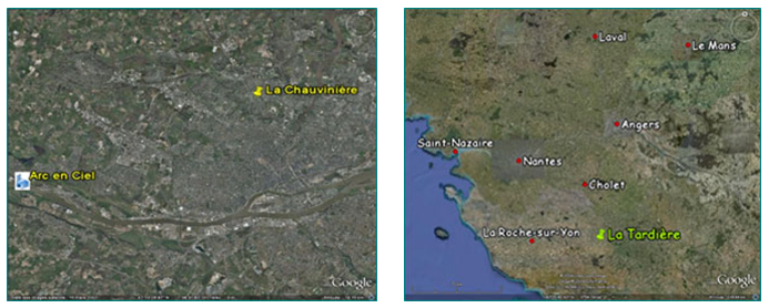 Localisation du site de la Chauvinière dans l'agglomération nantaise et situation de la station de la Tardière en Vendée (site MERA)