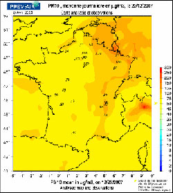 Décembre 2007 : la France et ses voisins européens ont connu une hausse de la pollution par les poussières fines PM10 (source : Prev'air)