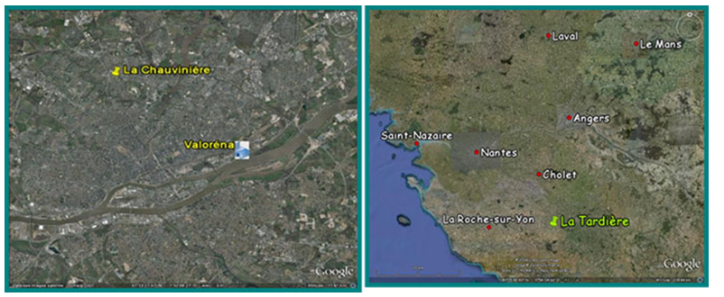 Localisation du site de la Chauvinière dans l'agglomération nantaise et situation de la station de la Tardière en Vendée (site MERA)