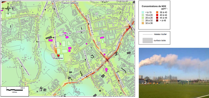 Concentrations moyennes journalières de NO2 modélisées pour le 17 janvier 2015 en situation d’inversion de température. A droite, rabat du panache en provenance de la chaufferie photographié ce même jour. source photo : Jean-Claude Mercier