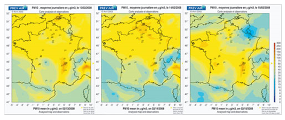 cartes d’isoconcentration (issues de la plateforme nationale de prévision PREV’AIR)