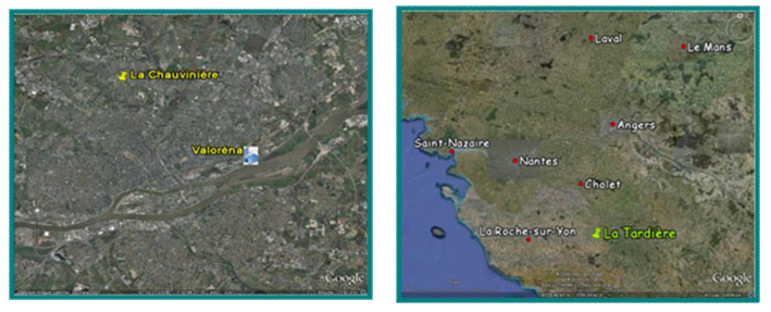 Localisation du site de la Chauvinière dans l'agglomération nantaise et situation de la station de la Tardière en Vendée (site MERA)