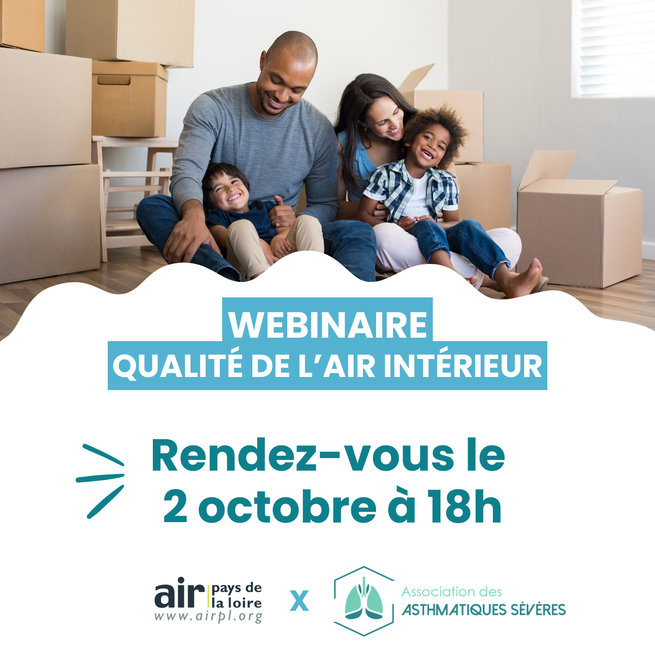 Visuel d'annonce du webinaire sur la qualité de l'air intérieur le 2 octobre organisé par Air Pays de la Loire et l'Association des asthmatiques sévères