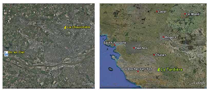 Localisation du site de la Chauvinière dans l'agglomération nantaise et situation de la station de la Tardière en Vendée (site MERA)