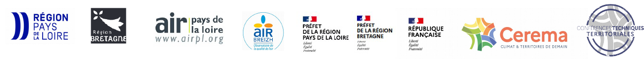 Logos des partenaires : région Pays de la Loire, région Bretagne, Air Pays de la Loire, Air Breizh, DREAL des Pays de la Loire et de Bretagne, CEREMA