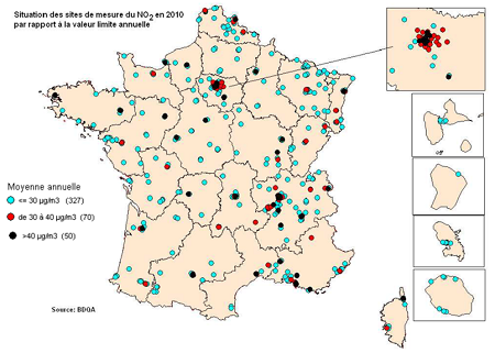 Situation des sites de mesure du NO2 en 2010 par rapport à la valeur limite annuelle