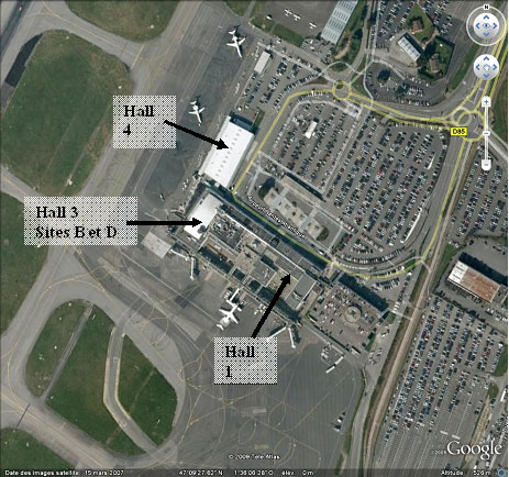 Localisation des halls de l’aérogare (source : google earth)