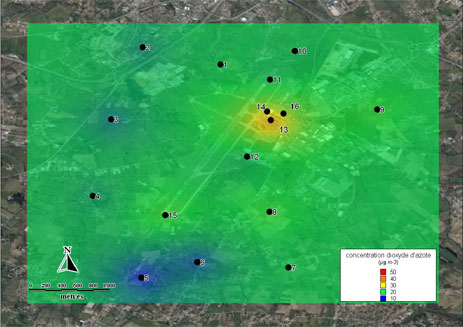 Cartographie des niveaux moyens en dioxyde d'azote enregistrés lors de la campagne de mesure