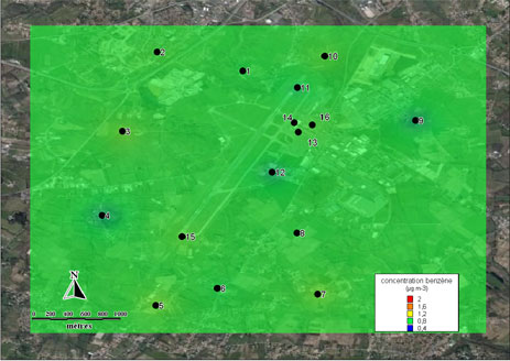 Cartographie des niveaux moyens en benzène enregistrés lors de la campagne de mesure