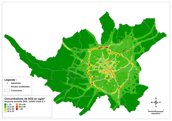 Carte de la moyenne annuelle 2008 pour le dioxyde d’azote