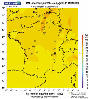 11 janvier 2009 : épisode de pollution généralisé parles poussières fines PM10 (source : Prev’air)