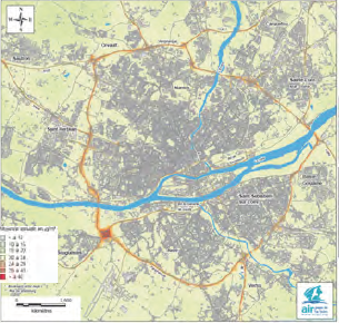 Moyennes annuelles de particules fines PM10 en 2012 modélisées pour l'agglomération de Nantes