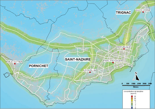 Carte du percentile 98 (niveaux de pointe) de l’année 2008 pour le benzène