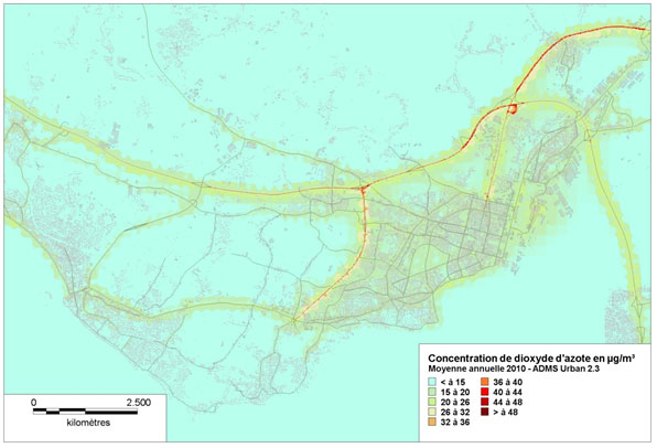 Carte des concentrations en NO2 à Saint-Nazaire en 2010