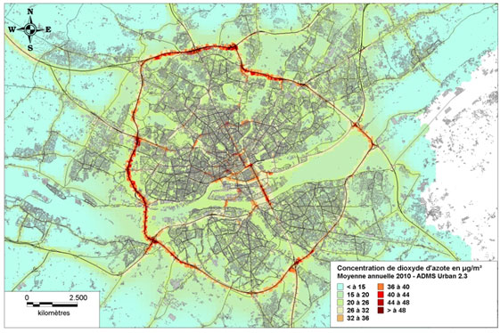 Carte des concentrations de NO2 à Nantes en 2010