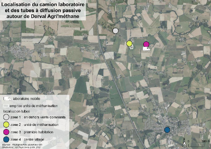 localisation du camion laboratoire et des tubes à diffusion passive autour de Derval Agri’méthane