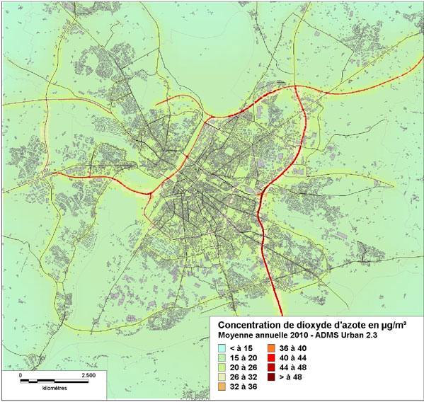 Cartographie des moyennes annuelles de NO2 modélisées sur l'agglomération d'Angers (2010)