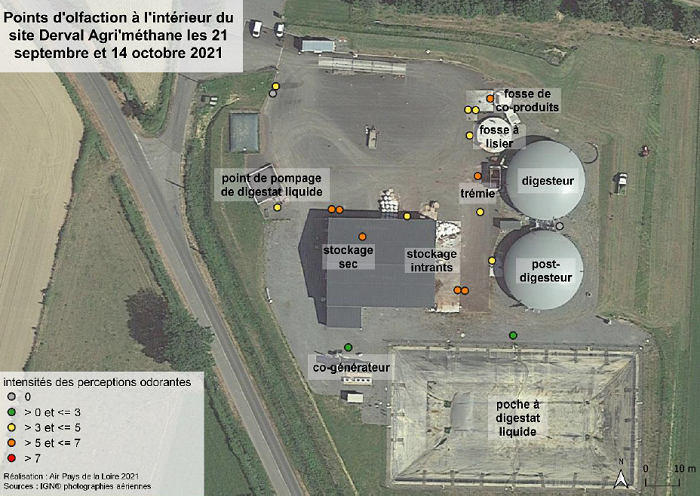 points d’olfaction à l’intérieur de Derval Agri’méthane et intensités ressenties