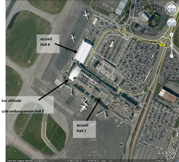 Localisation des sites de mesure dans l’aérogare (source : Google Earth)