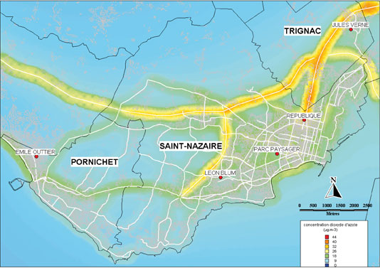 Carte de la moyenne annuelle 2008 pour le dioxyde d’azote