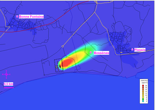 concentrations journalières de PM1 en provenance de la tour de prilling avec le scénario d’émissions actuelles le 8 mai 2007 (vent de sud-ouest majoritaire avec une vitesse moyenne de 6,9 m.s-1)