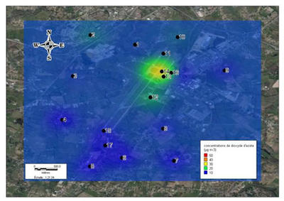 Cartographie des niveaux moyens de dioxyde d’azote enregistrés lors de la campagne de mesure