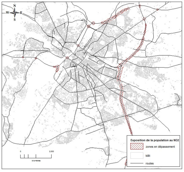 Cartographie des zones de dépassement de valeurs limites en NO2