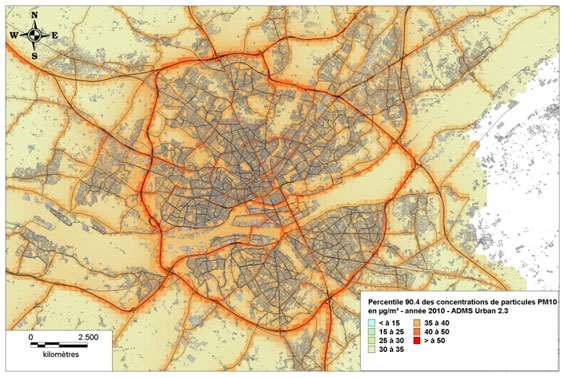 Carte du percentile 90.4 des concentrations de PM10 à Nantes en 2010
