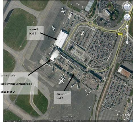 Localisation des sites de mesure dans l’aérogare (source : Google Earth)