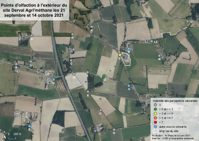 points d’olfaction dans l’environnement de Derval Agri’méthane les 21 septembre et 14 octobre 2021