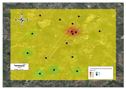 Cartographie des niveaux moyens en dioxyde d’azote enregistrés lors de la campagne de mesure