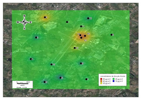 Cartographie des niveaux moyens en dioxyde d’azote enregistrés lors de la campagne de mesure