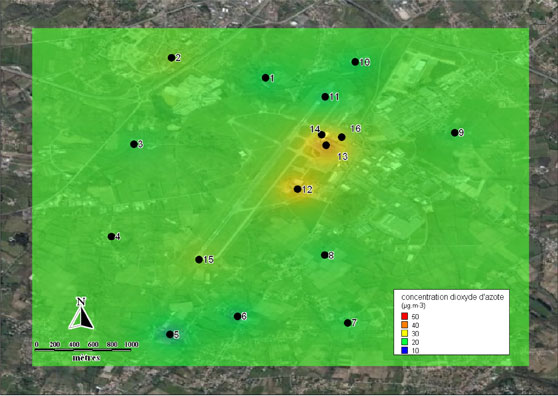 Cartographie des niveaux moyens en dioxyde d’azote enregistrés lors de la campagne de mesure