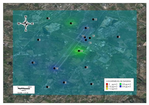 Cartographie des niveaux moyens en benzène enregistrés lors de la campagne de mesure