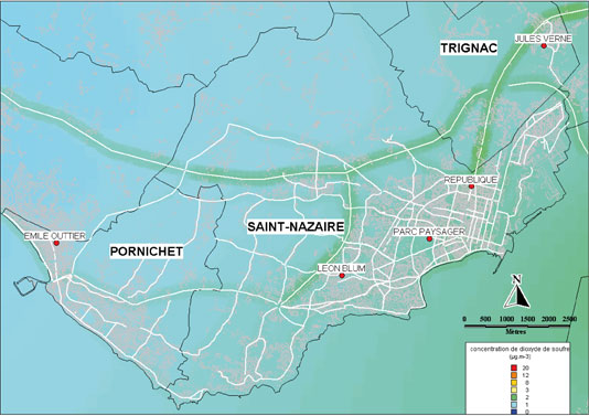 Carte de la moyenne annuelle 2008 pour le dioxyde de soufre