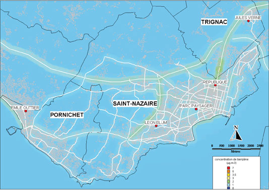 Carte de la moyenne annuelle 2008 pour le benzène