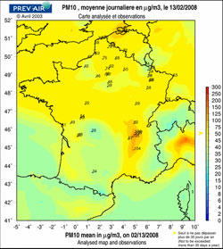 Épisode de pollution généralisé par les poussières fines sur le nord de l’Europe en février 2008 (source : Prev'air)