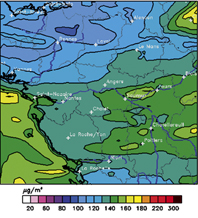 Carte d'isoconcentrations d'ozone réalisée à partir des modèles CHIMERE continental et régional