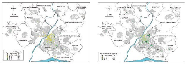 Cartographies de la pollution par le dioxyde d’azote dans les rues "canyons" de l'agglomération d'Angers (en 2002 carte de gauche et en 2015 carte de droite)