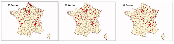 Répartition spatiale et temporelle des dépassements du seuil 80 μg/m3 du 1er au 14 janvier 2009 sur les sites des AASQA – source ADEME BASTER/ AASQA