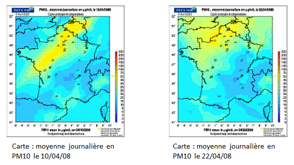 cartes des moyennes journalières en PM10 le 10 et 22 avril 2008